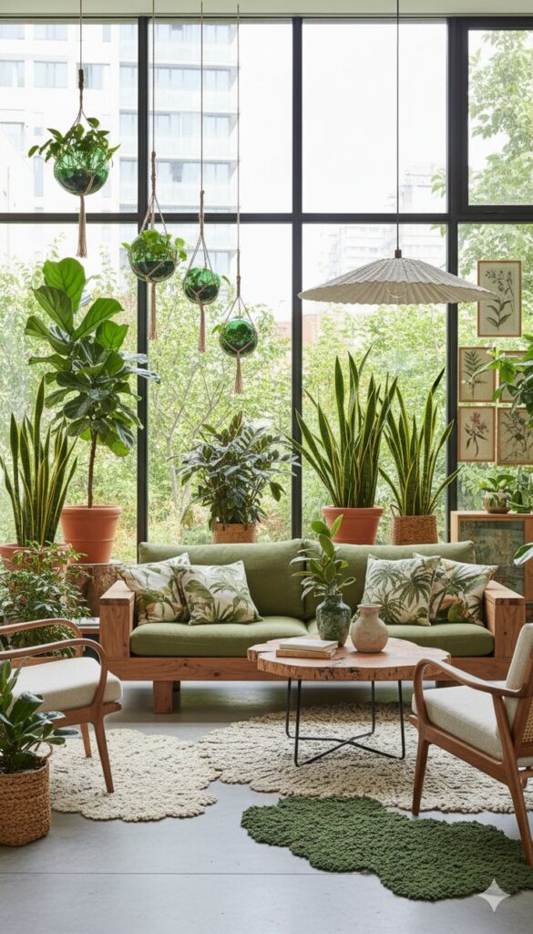 Lush Living Room with Indoor Plants Modern living room with green sofa, potted plants, hanging planters, and natural light through large windows. Cozy decor theme. - Handy Home Modern living room with green sofa, potted plants, hanging planters, and natural light through large windows. Cozy decor theme.