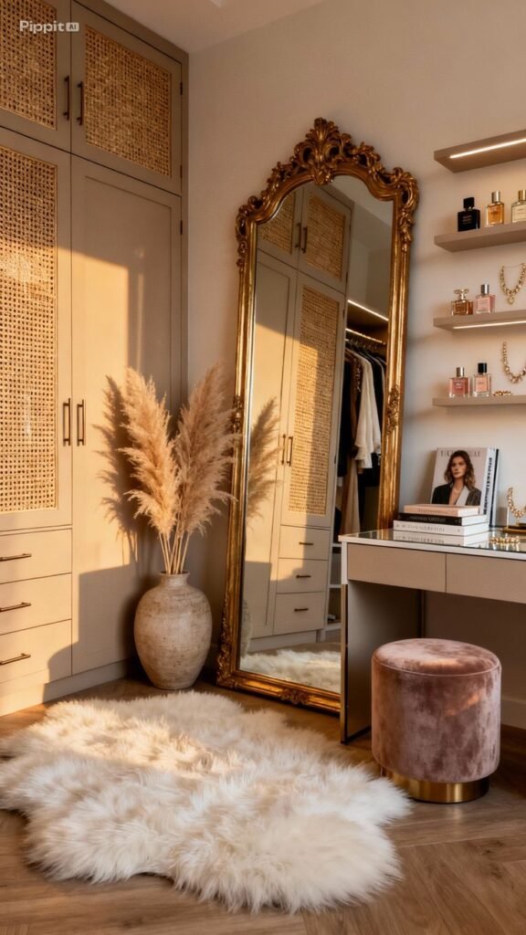 Luxurious dressing room with gold mirror, pampas grass, cozy rug, and elegant decor. Warm lighting creates a chic, inviting atmosphere.