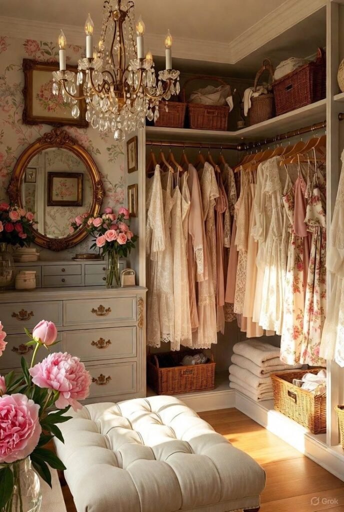 Elegant vintage dressing room with floral wallpaper, chandelier, and pastel dresses. Cozy, organized space with roses and a mirror.