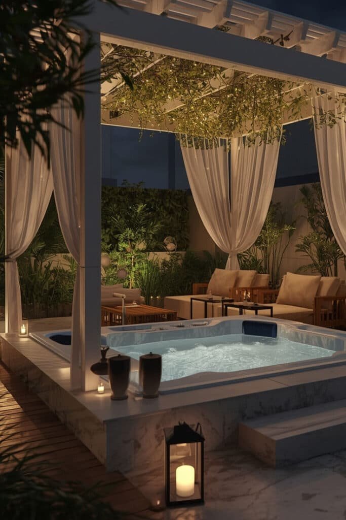 Luxurious outdoor hot tub with ambient lighting, draped pergola, and cozy seating in a lush garden setting at night.