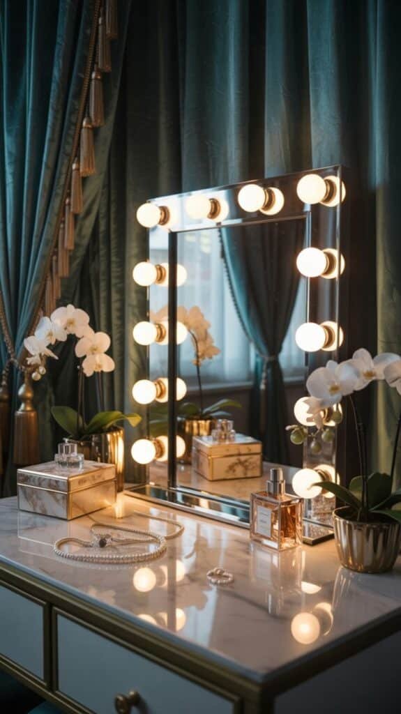 Elegant vanity table with lighted mirror, orchids, perfume bottles, and jewelry on a marble surface, draped in luxurious curtains. Makeup Vanity Ideas