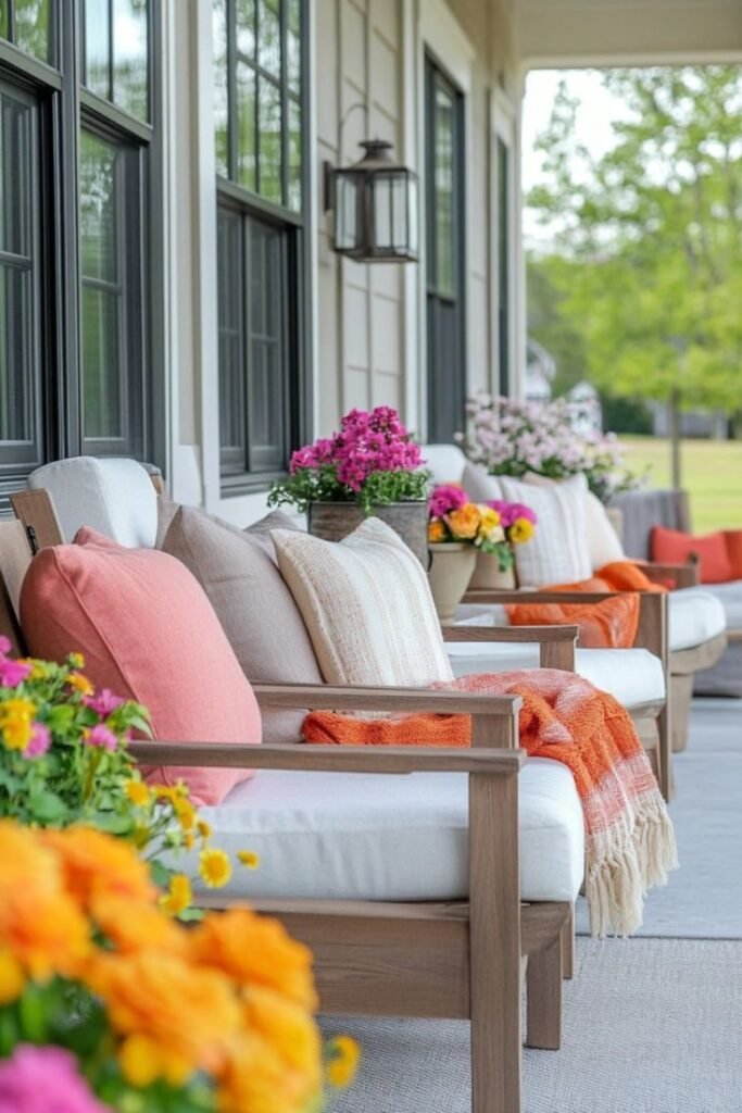 Cozy porch setting with cushioned wooden chairs, vibrant pillows, and colorful flowers, creating a relaxing outdoor retreat. Spring Porch Decor Ideas