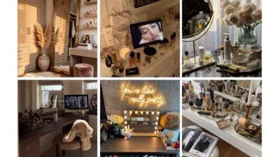 Stylish vanity setups with makeup, mirrors, and decor; featured quote, You're like really pretty, enhances the chic look.