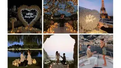 Romantic marriage proposals in scenic locations with candles, flowers, and iconic landmarks, capturing love and unforgettable moments.