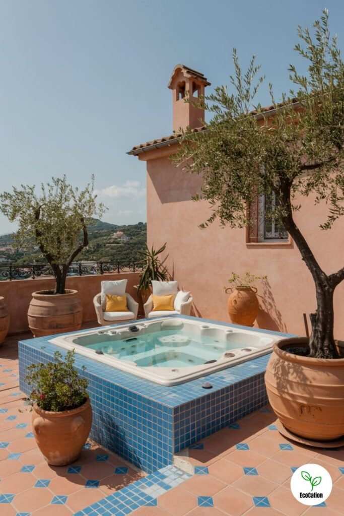 Rooftop patio with jacuzzi, terracotta pots, and olive trees under a clear blue sky—a serene Mediterranean retreat.