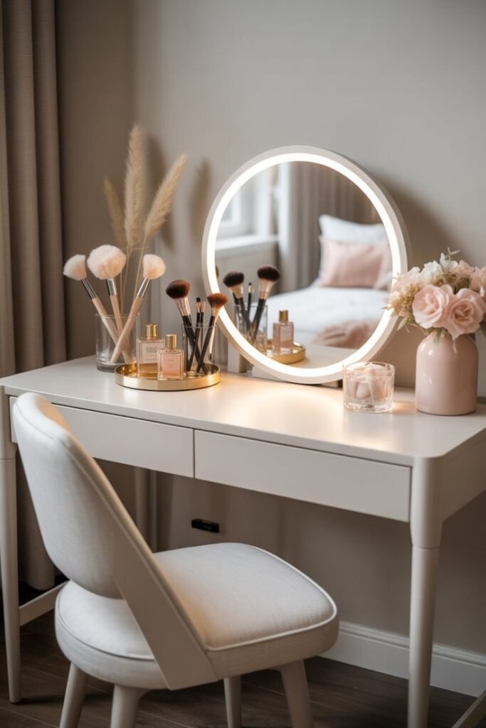 Elegant vanity table setup with a lighted mirror, makeup brushes, and floral decor for a chic home interior.