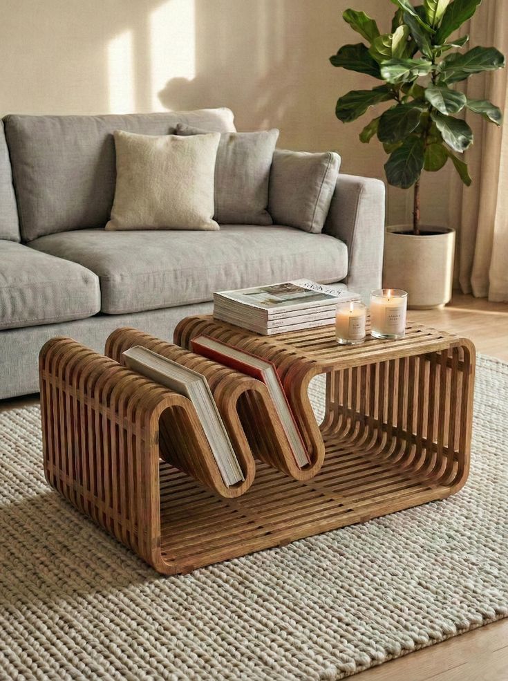 Modern Parametric Center Table DXF for CNC Router _ Organic Wavy Wood Design _ Digital Cutting File for 18mm Plywood _ Instant Download Modern living room with a wooden wave-design coffee table, books, candles, gray sofa, and a potted plant on a woven rug. - Handy Home Modern living room with a wooden wave-design coffee table, books, candles, gray sofa, and a potted plant on a woven rug.