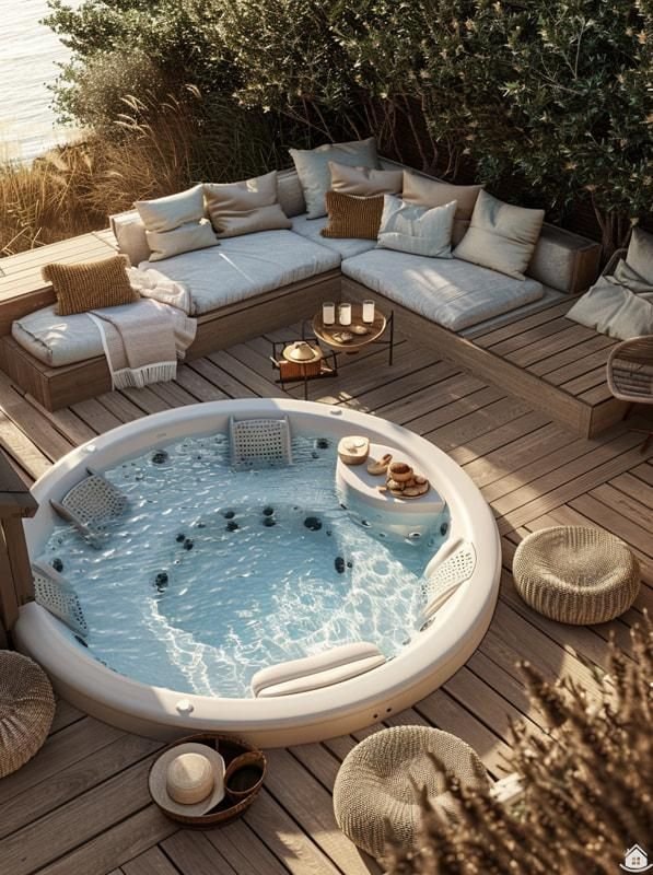 Outdoor patio with a luxury round hot tub, cozy seating, cushions, and a small table, perfect for relaxation and leisure.
