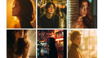 Collage of six portrait photos showcasing women in various lighting and environments, highlighting emotion and mood.