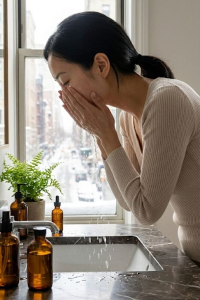 Morning Skin Wake-Up _ Fresh Winter Bathroom Routine Person washing face at sink with skincare bottles; window view with plant. Spa-like routine; fresh and minimalist bathroom setting. - Handy Home Person washing face at sink with skincare bottles; window view with plant. Spa-like routine; fresh and minimalist bathroom setting.