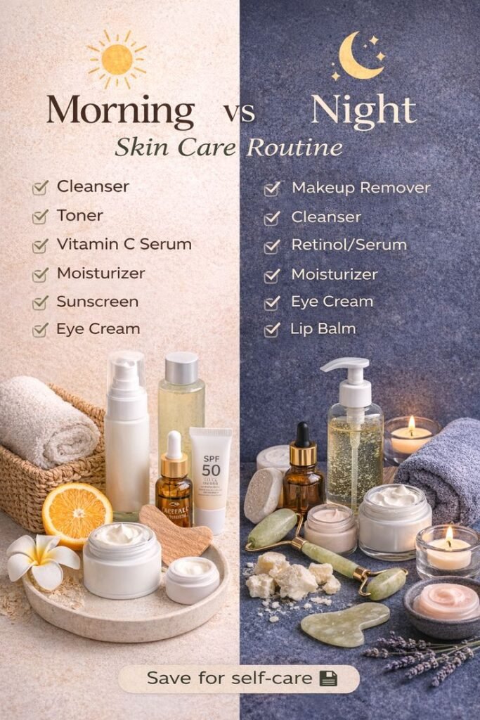 Morning vs Night Skincare Routine Morning vs Night skincare routine guide with products like cleanser, serum, moisturizer, and sunscreen, set in a spa-like setting. - Handy Home Morning vs Night skincare routine guide with products like cleanser, serum, moisturizer, and sunscreen, set in a spa-like setting.