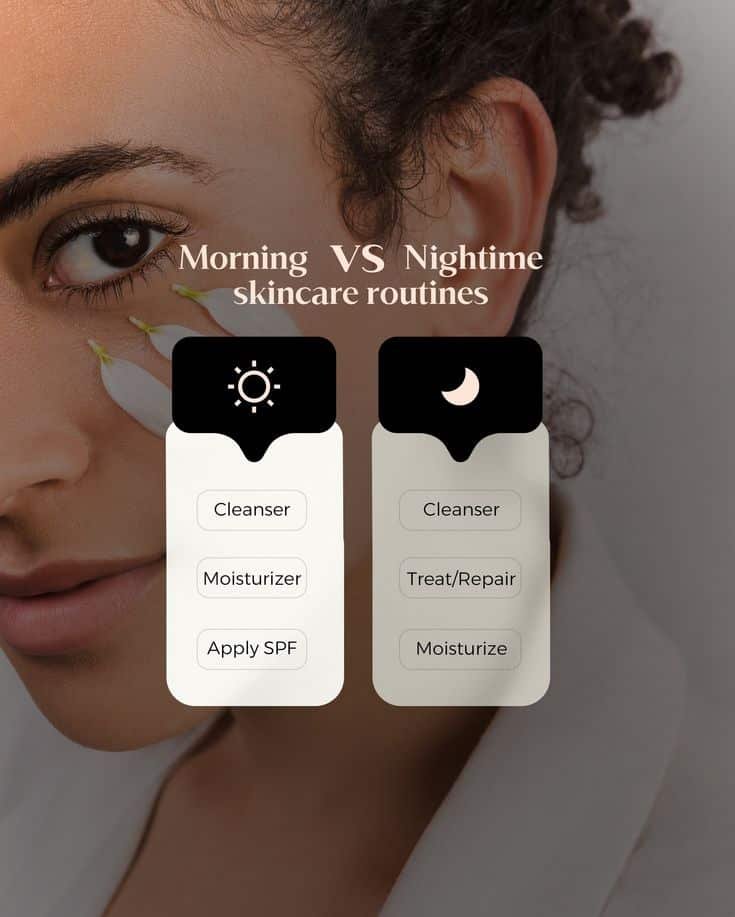 Morning__Rise and shine skincare first glow Morning vs Nighttime skincare routine: Cleanser, Moisturizer, SPF for morning; Cleanser, Treat/Repair, Moisturizer for night. - Handy Home Morning vs Nighttime skincare routine: Cleanser, Moisturizer, SPF for morning; Cleanser, Treat/Repair, Moisturizer for night.