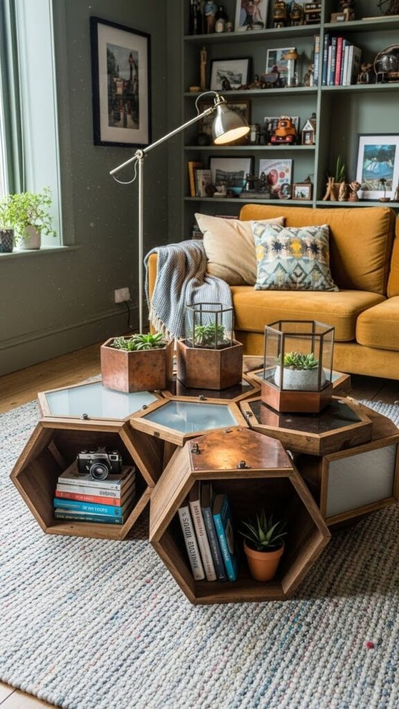 Multi-Functional Coffee Table Storage Ideas for Small Living Rooms Cozy living room with honeycomb wooden shelves, filled with books and plants, against a mustard sofa and a modern floor lamp. - Handy Home Cozy living room with honeycomb wooden shelves, filled with books and plants, against a mustard sofa and a modern floor lamp.