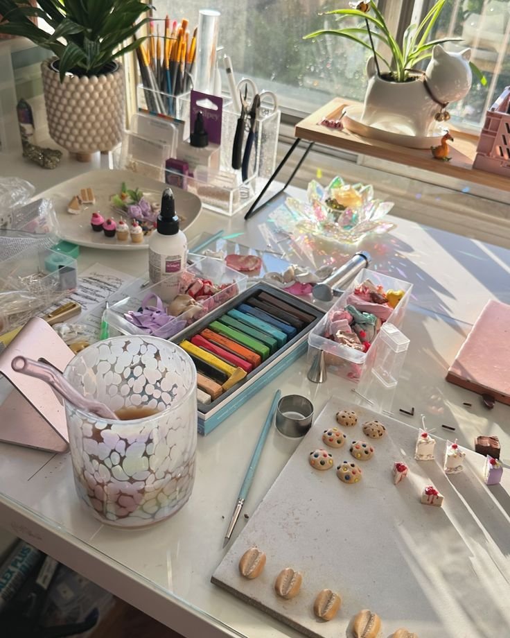 Creative workspace with art supplies, colorful pastels, mini desserts, and a cute cat planter in sunlight. Artistic DIY setup.