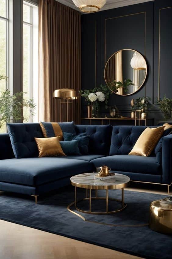 Luxurious living room with navy sofa, gold accents, round mirror, and natural light. Elegant interior design.