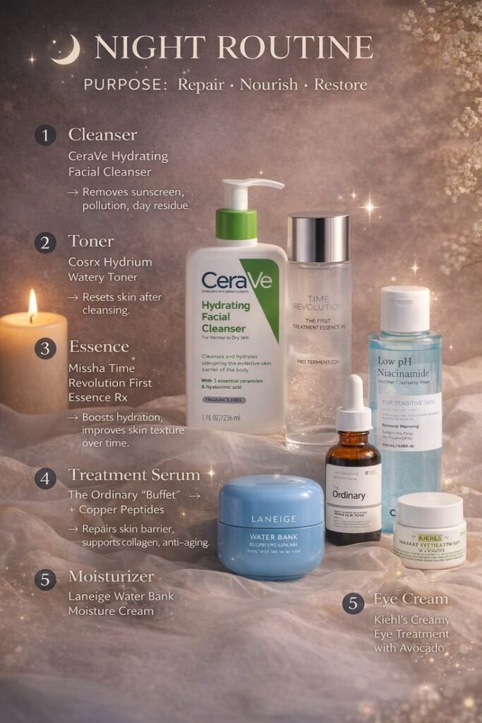 Night Skincare Night skincare routine with cleanser, toner, essence, serum, moisturizer, and eye cream. Products by CeraVe, Laneige, and more. - Handy Home Night skincare routine with cleanser, toner, essence, serum, moisturizer, and eye cream. Products by CeraVe, Laneige, and more.