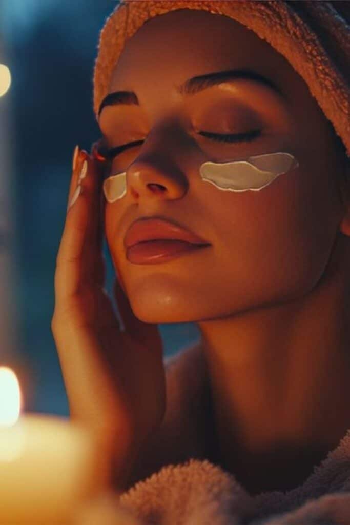 Nightime skincare routine Woman indulging in skincare with under-eye masks by candlelight, highlighting relaxation and self-care rituals. - Handy Home Woman indulging in skincare with under-eye masks by candlelight, highlighting relaxation and self-care rituals.