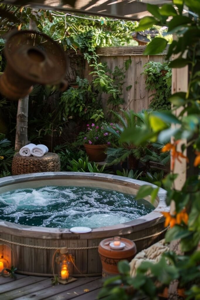 Outdoor hot tub surrounded by lush greenery, candles, and spa towels offers a serene, relaxing escape in a garden setting.
