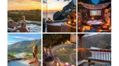 Collage of people enjoying scenic hot tubs, featuring mountain, ocean, and forest views with cozy nighttime ambiance.