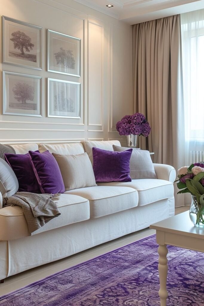 Elegant living room with cream sofa, purple pillows, and floral decor. Cozy atmosphere with modern art and natural light.