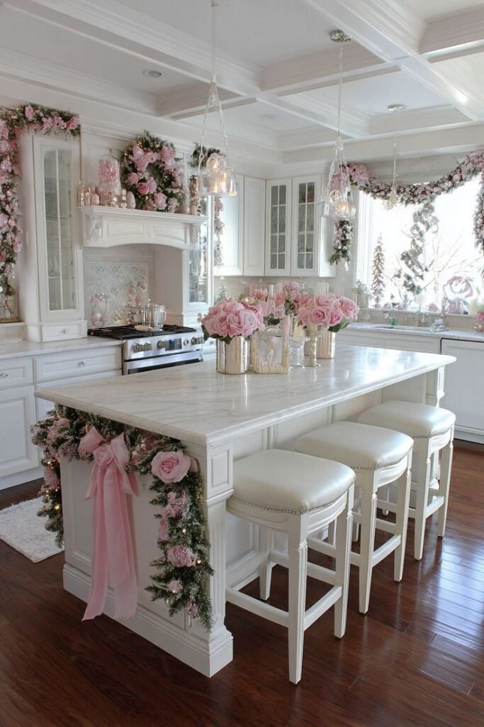 Elegant white kitchen decorated with pink flowers and garlands, featuring a marble island and cozy white bar stools.