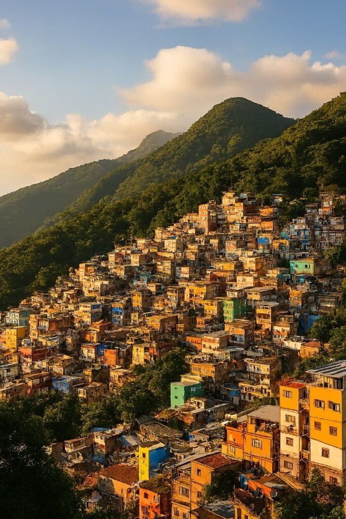 Colorful hillside houses in a densely-packed favela under a vibrant sky and lush green mountains in Rio de Janeiro.