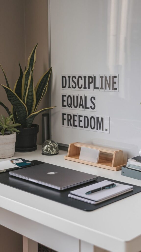 Resilience And Motivation Blossom_ Strong Mind Quotes On Focus And Personal Strength Modern workspace with laptop, notebooks, plants, and a motivational Discipline Equals Freedom sign. Clean and inspiring setup. - Handy Home Modern workspace with laptop, notebooks, plants, and a motivational Discipline Equals Freedom sign. Clean and inspiring setup.