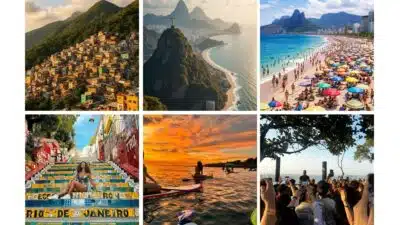 Collage of vibrant Rio de Janeiro: favelas, Christ the Redeemer, Ipanema Beach, Escadaria Selarón, sunset paddleboarding, lively crowd.
