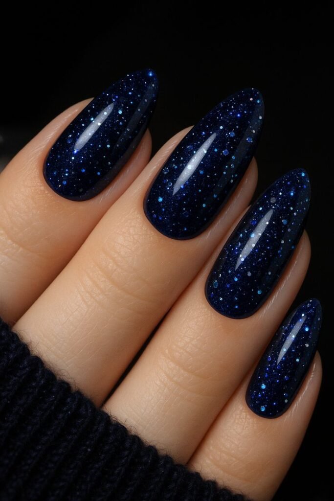 Sapphire Glam Nails Art Glittery dark blue stiletto nails with a cosmic, starry design, perfect for a glamorous and stylish evening look. - Handy Home Glittery dark blue stiletto nails with a cosmic, starry design, perfect for a glamorous and stylish evening look.