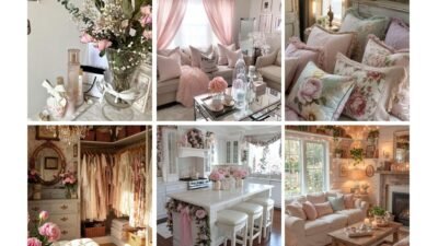 Collage of elegant shabby chic interiors with floral accents, pastel colors, and cozy decor elements in living and dressing rooms.