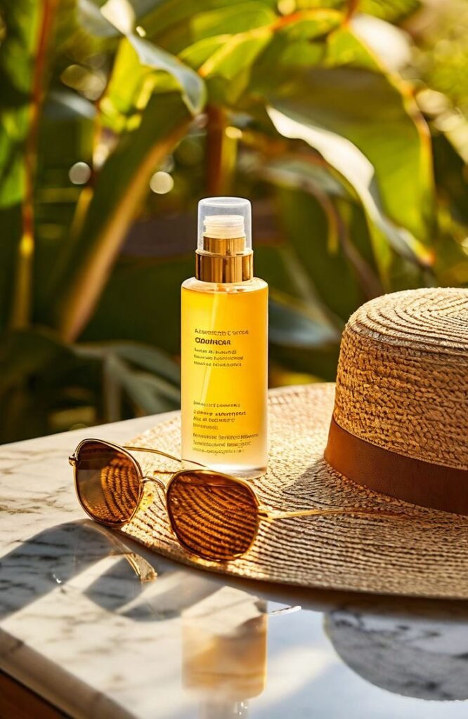Luxurious oil bottle on table with straw hat and sunglasses in sunlight, surrounded by lush greenery. Ideal for summer skincare vibes.