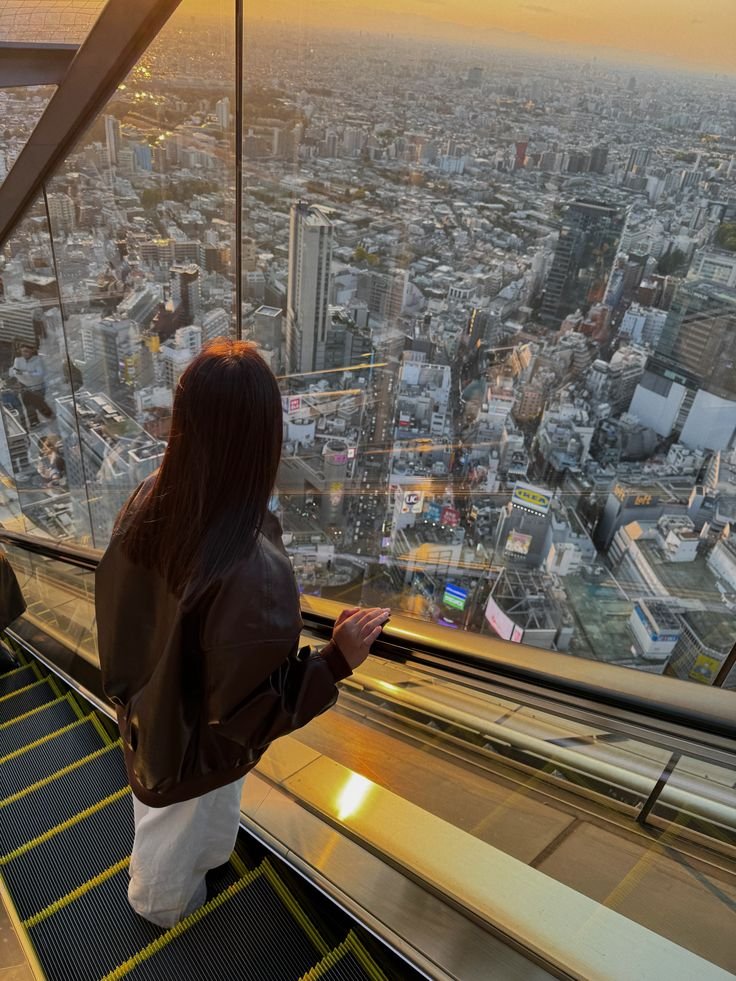 Person on escalator enjoys panoramic cityscape at sunset through glass, highlighting urban skyline and vibrant evening lights.