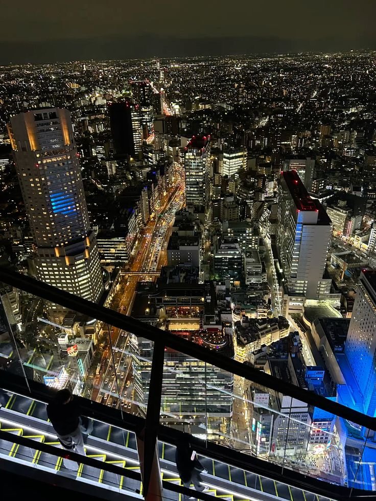 Aerial night view of a vibrant city skyline with lit skyscrapers, busy streets, and a glass observation deck. Tokyo Travel Destinations