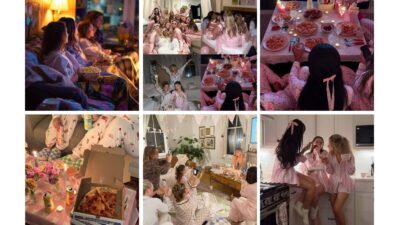 Girls' pajama party fun with movies, snacks, and laughter. Cozy setting with friends enjoying pizza, games, and selfies.