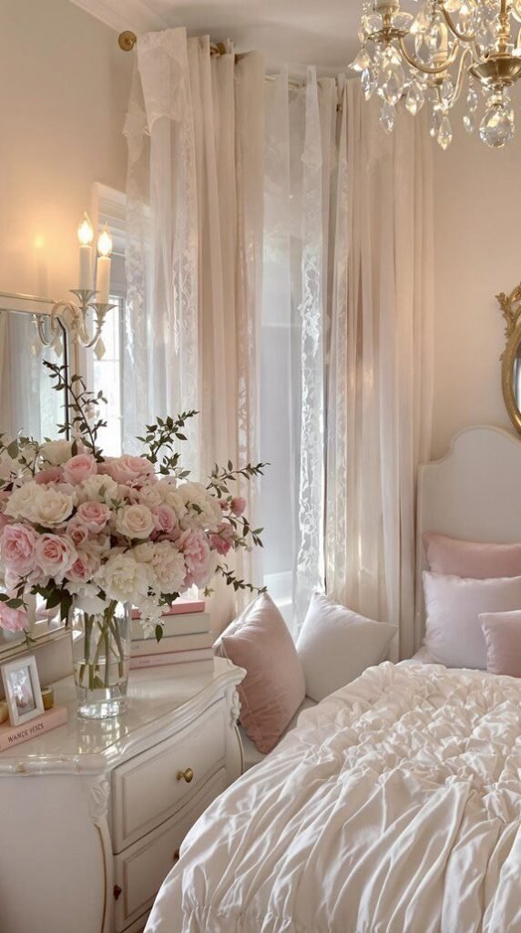 Elegant bedroom with soft pink and white decor, featuring a cozy bed, chandelier, lace curtains, and a vase of fresh roses. Shabby Chic Decor