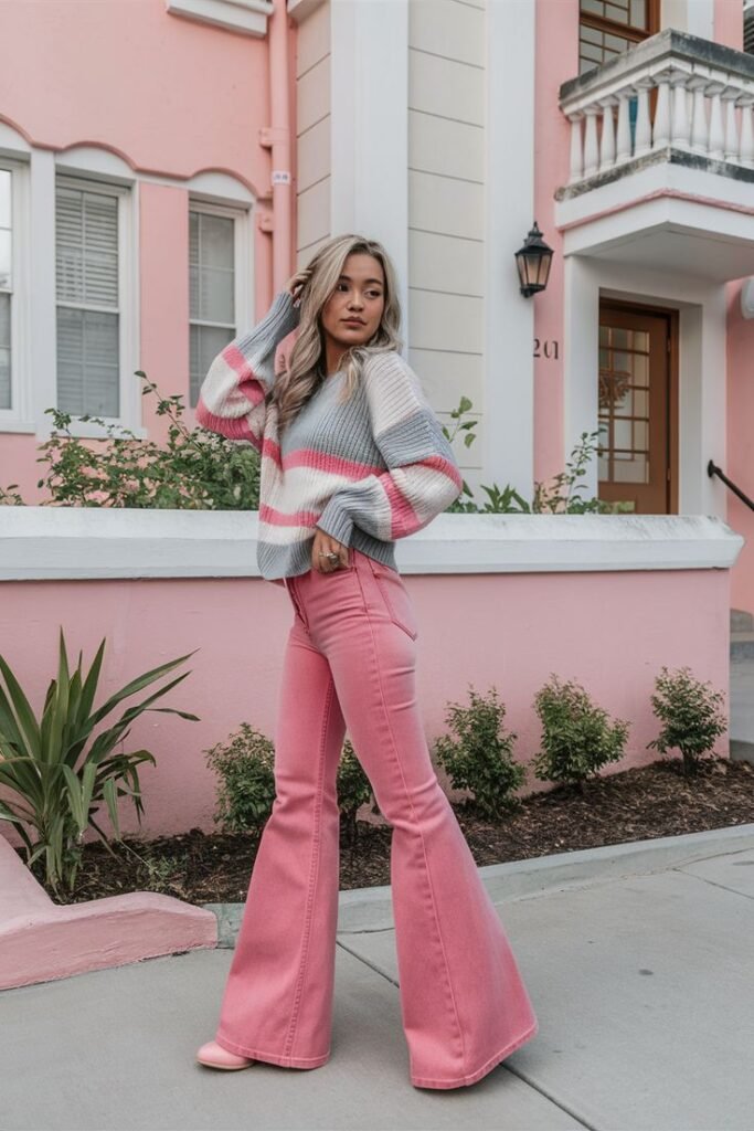 Trendy woman in pink flared jeans and striped sweater poses stylishly in front of a pastel pink building. Fashionable street style.