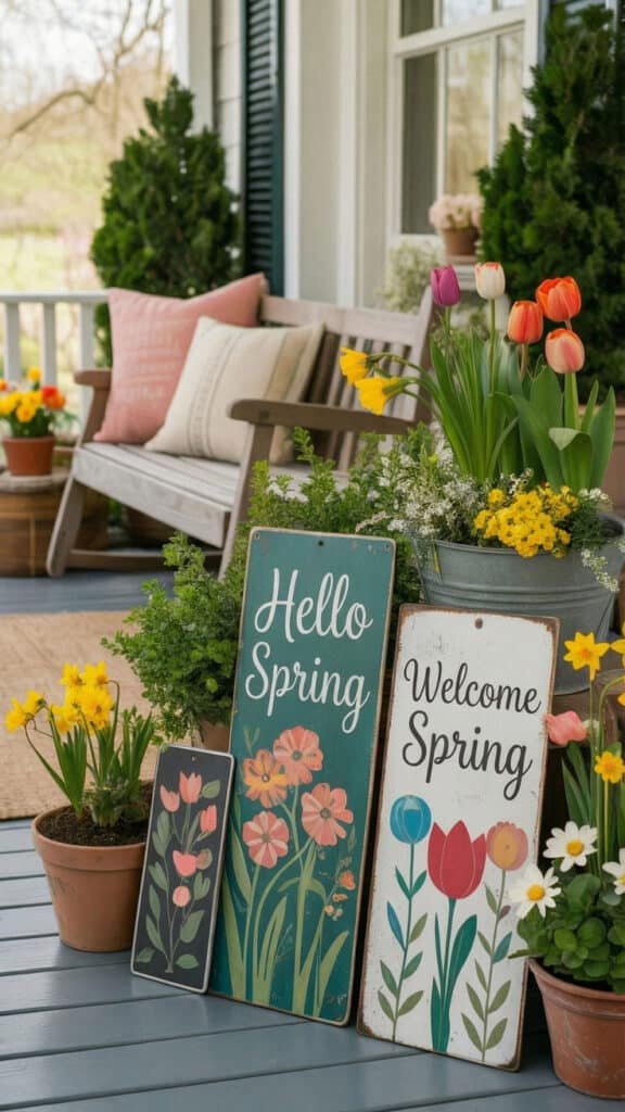 Spring-themed porch with colorful flowers and welcome signs, perfect for a vibrant and inviting seasonal decor.