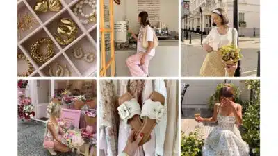 Collage of fashion and lifestyle: gold jewelry, cafe scene, flowers, summer dress, sandals, and a woman with a bouquet.