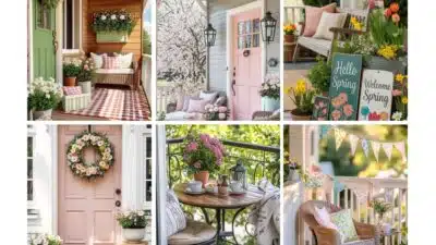 Collage of spring porch decor: flowers, pastel doors, cozy seating, and welcoming signs for a fresh, inviting look.