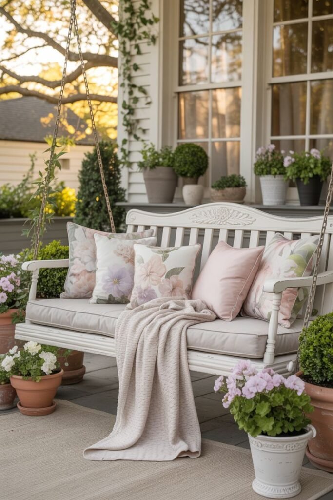 Cozy porch swing with floral pillows and blanket surrounded by potted plants, perfect for relaxing evenings.