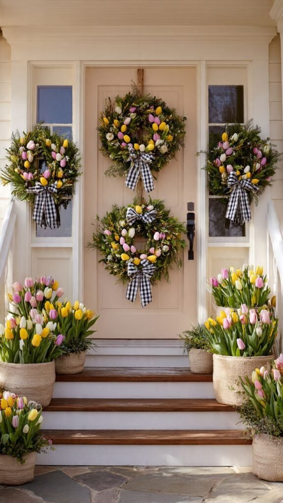 Charming spring porch with tulip wreaths and potted flowers, featuring checkered ribbons on a front door, creating a welcoming entrance.