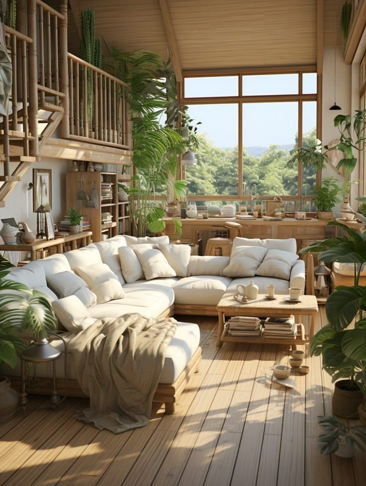 Sustainable Living Cozy sunlit living room with wooden decor, plenty of lush plants, and a large white sofa. Airy, natural aesthetics with ample sunlight. - Handy Home Cozy sunlit living room with wooden decor, plenty of lush plants, and a large white sofa. Airy, natural aesthetics with ample sunlight.