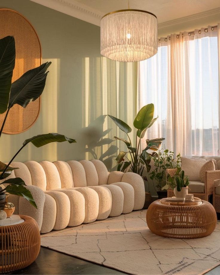 Tassel fringing lampshade 3-layer fringe pendant luxury lampshade unique lampshade hand made home decor childrens room lamp Cozy modern living room with plush sofa, rattan furniture, indoor plants, and soft lighting. Elegant and inviting decor. - Handy Home Cozy modern living room with plush sofa, rattan furniture, indoor plants, and soft lighting. Elegant and inviting decor.