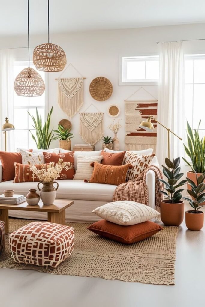 Boho living room with woven decor, cozy cushions, plants, and macramé art, creating a warm and inviting ambiance.