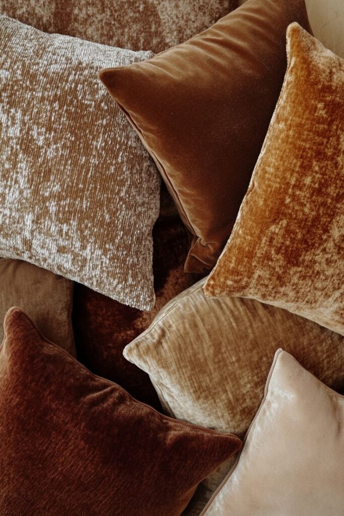 Textile Mood Board for Elegant Interiors _ Тканевый мудборд для элегантных интерьеров Velvet pillows in warm brown tones stacked together, creating a cozy and elegant home decor vibe. - Handy Home Velvet pillows in warm brown tones stacked together, creating a cozy and elegant home decor vibe.