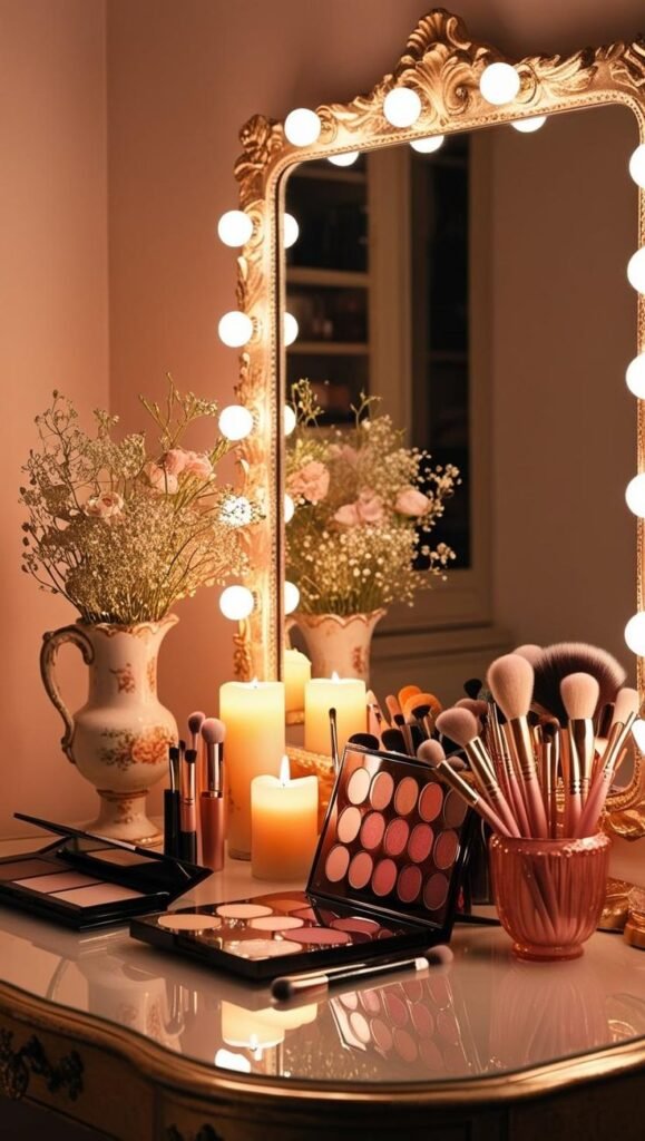 Elegant vanity setup with makeup palettes, brushes, glowing mirror lights, and candles, creating a luxurious beauty atmosphere.