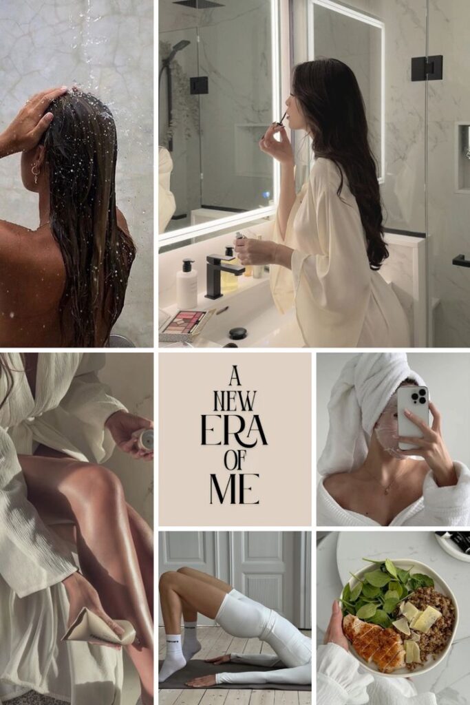 This Is My New Era Collage of self-care rituals: showering, applying makeup, exercising, healthy eating, skincare. Text reads A New Era of Me. - Handy Home Collage of self-care rituals: showering, applying makeup, exercising, healthy eating, skincare. Text reads A New Era of Me.