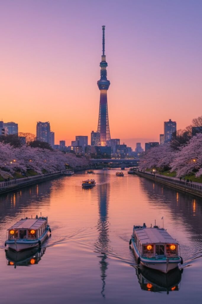 Tokyo Skytree at sunset with cherry blossoms and boats on the river, creating a picturesque skyline view.