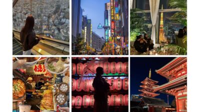 Collage of Tokyo's cityscapes, street food, and historic temples, showcasing vibrant urban life and culture.