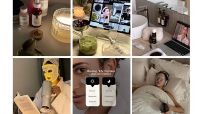 Collage of skincare essentials: serums, jade roller, mask, nighttime relaxation, and virtual beauty tutorial.